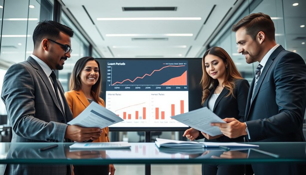 A professional and modern financial setting depicting the concept of "credit installments." In the foreground, a diverse group of three business professionals—two men and one woman—are engaged in a discussion over financial documents and charts. They wear formal business attire. In the middle, a large, digital screen displays graphs illustrating loan periods, interest rates, and monthly payments, showcasing the trade-offs of longer installment plans. The background features a sleek office space with glass walls and modern decor, emphasizing a corporate atmosphere. The lighting is bright and evenly distributed, simulating a productive daytime mood. The camera angle is slightly elevated, capturing the group's engagement while drawing attention to the data presented on the screen.