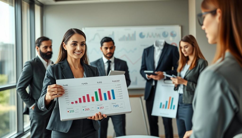 A professional and modern office setting, featuring a diverse group of business individuals engaged in a finance planning meeting. In the foreground, a confident businesswoman in a tailored suit presenting a detailed funds allocation chart on a sleek laptop, surrounded by focused colleagues, including a man in a sharp suit and a woman in smart casual attire, taking notes. The middle ground shows a large whiteboard covered with graphs and figures, reflecting complex financial data. In the background, large windows allow natural light to fill the room, creating a warm, productive atmosphere. The overall mood is focused and collaborative, emphasizing strategic planning and negotiation in corporate finance. Use a slightly elevated angle to capture the dynamic interaction among team members while maintaining a clean and professional aesthetic. A professional and modern office setting, featuring a diverse group of business individuals engaged in a finance planning meeting. In the foreground, a confident businesswoman in a tailored suit presenting a detailed funds allocation chart on a sleek laptop, surrounded by focused colleagues, including a man in a sharp suit and a woman in smart casual attire, taking notes. The middle ground shows a large whiteboard covered with graphs and figures, reflecting complex financial data. In the background, large windows allow natural light to fill the room, creating a warm, productive atmosphere. The overall mood is focused and collaborative, emphasizing strategic planning and negotiation in corporate finance. Use a slightly elevated angle to capture the dynamic interaction among team members while maintaining a clean and professional aesthetic.