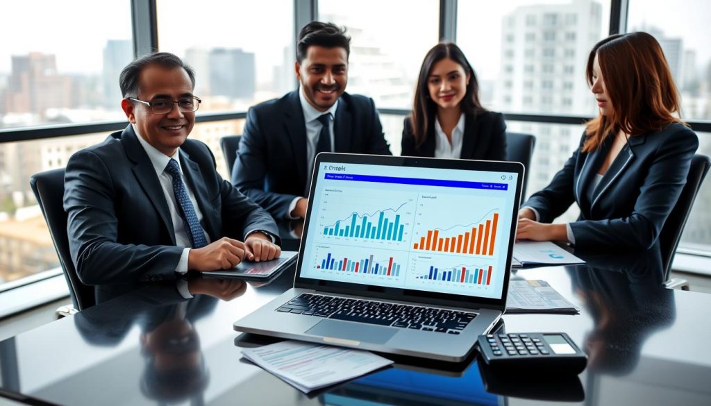 A professional and modern office setting, showcasing a diverse group of three people—two men and one woman—dressed in smart business attire, seated around a conference table. In the foreground, a detailed laptop screen displays graphs and charts related to personal credit loans, emphasizing the concept of "可貸額度" with vibrant colors and clear visuals. In the middle ground, various financial documents and a calculator lie on the table, indicating active discussion and analysis. The background features large windows with cityscape views, allowing natural light to fill the room and create an inviting atmosphere. The mood is focused and collaborative, highlighting the serious nature of personal finance decision-making. The image is captured from a slightly elevated angle to provide a comprehensive view of the teamwork involved in determining loan amounts.
