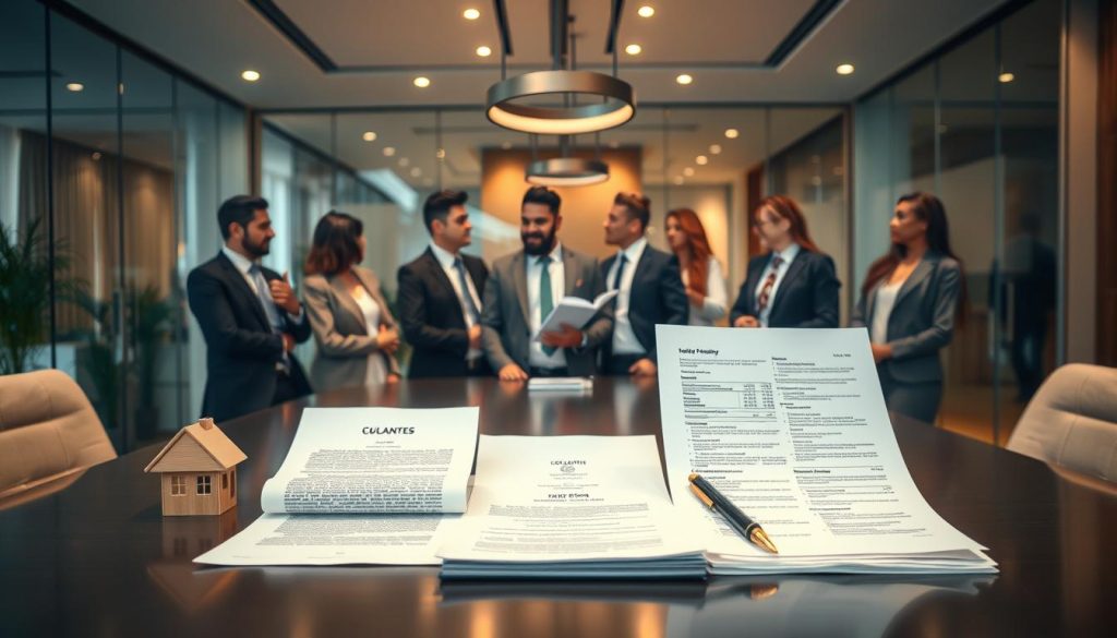 A professional and polished office environment showcasing various forms of collateral for business loans. In the foreground, a neatly arranged table displays a variety of items: a house deed, a car title, and a portfolio of financial documents, all symbolizing different types of guarantees. In the middle ground, a diverse group of well-dressed individuals converse thoughtfully, representing a discussion about financing. A warm, inviting atmosphere is enhanced by soft overhead lighting that creates an engaging yet professional mood. The background features an elegant conference room with glass walls, allowing natural light to stream in, illustrating transparency and trust in financial dealings. The composition should evoke a sense of security and professionalism, emphasizing the importance of collateral in loan approvals.