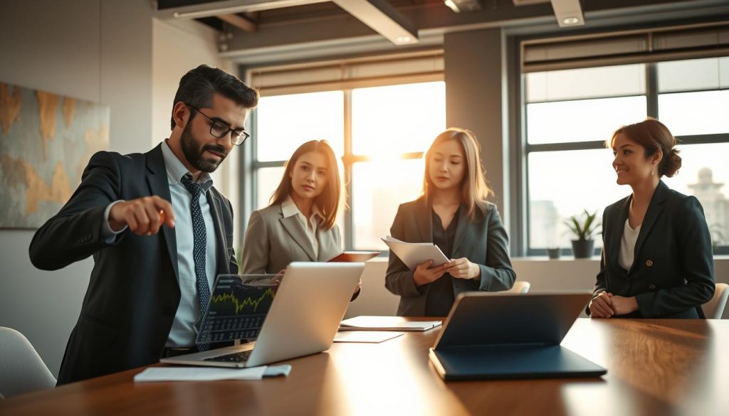A professional and serene meeting room, featuring a diverse group of three business professionals engaged in a discussion about interest rate negotiations. In the foreground, a middle-aged man in a sharp suit gestures towards a laptop displaying financial graphs and numbers. Beside him, a young woman in a stylish blouse takes notes, while another woman in business attire listens intently. In the background, large windows let in warm, natural light, creating a bright ambiance. The walls are decorated with modern art, and a large conference table is covered with documents and a digital tablet. The atmosphere is focused and collaborative, reflecting a serious discussion about financial decisions.