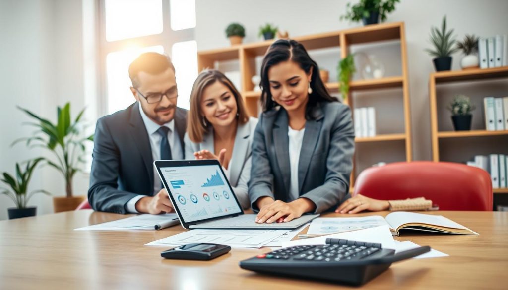 A professional and serene office setting with a focus on financial documents and a calculator on a sleek desk. In the foreground, a diverse group of three individuals in business attire—one man and two women—are engaged in a thoughtful discussion over a laptop displaying charts and statistics. In the middle, a large window reveals a bright day outside, casting natural light into the office, enhancing the atmosphere of productivity. The background features neatly organized shelves filled with financial books and decorative plants, creating a calming and supportive environment. The overall mood is optimistic and collaborative, reflecting the positive aspects of debt consolidation and financial planning, making it clear that personal loans can be a strategic tool for future financial health.