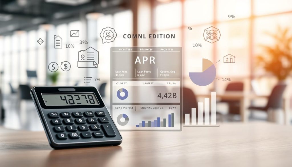 A professional and visually engaging illustration depicting "Total Annual Percentage Rate (APR)" in finance. The foreground features a sleek calculator displaying a precise APR figure, surrounded by symbols of currency, percentages, and financial charts. In the middle, an infographic-style breakdown of loan fees, represented by pie charts and bar graphs, enhances clarity. The background shows a blurred modern office environment, symbolizing a business atmosphere, with soft natural light filtering through large windows, creating a sense of transparency. The mood is serious yet inviting, emphasizing the importance of understanding financial terms, especially in a context of unstable work. Ensure the image is free from any text or branding elements. A professional and visually engaging illustration depicting "Total Annual Percentage Rate (APR)" in finance. The foreground features a sleek calculator displaying a precise APR figure, surrounded by symbols of currency, percentages, and financial charts. In the middle, an infographic-style breakdown of loan fees, represented by pie charts and bar graphs, enhances clarity. The background shows a blurred modern office environment, symbolizing a business atmosphere, with soft natural light filtering through large windows, creating a sense of transparency. The mood is serious yet inviting, emphasizing the importance of understanding financial terms, especially in a context of unstable work. Ensure the image is free from any text or branding elements.