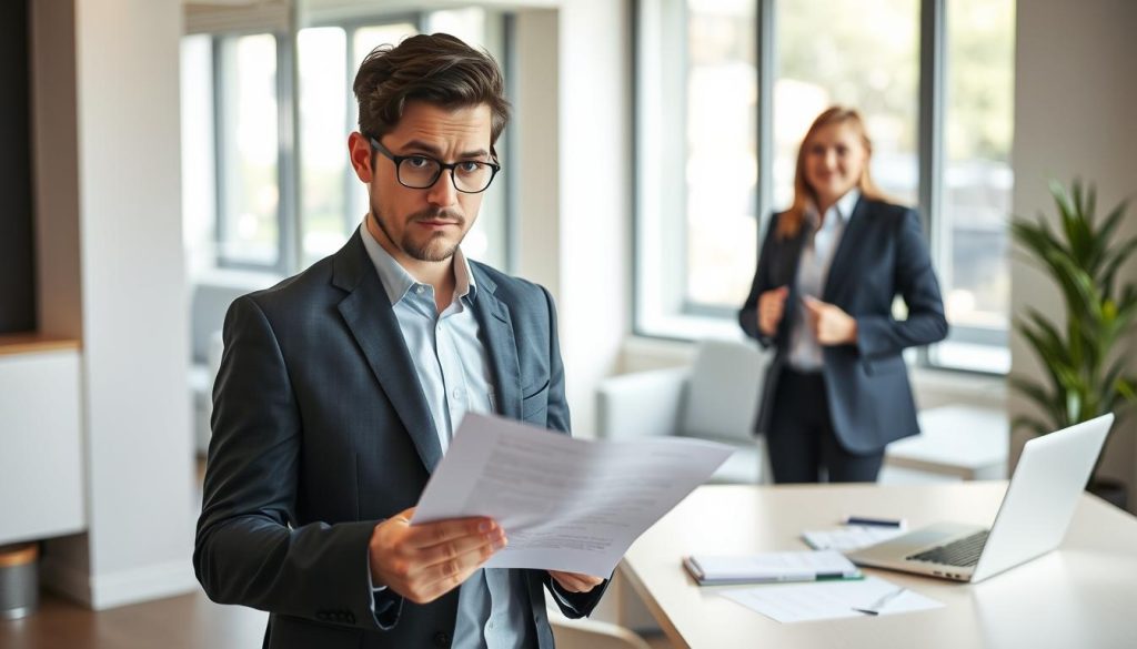 A professional and warm scene set in a modern office. In the foreground, a well-dressed individual, holding a loan application, appears thoughtful and slightly anxious, reflecting the process of applying for a personal credit loan. Their expression conveys both hope and concern. The middle ground showcases a bright, contemporary office space with a desk and a laptop open, some paperwork neatly organized. A supportive figure, dressed in business casual attire, stands nearby with an encouraging demeanor, symbolizing a guarantor’s assistance. The background features a large window allowing natural light to stream in, creating a positive atmosphere. The mood is both serious and optimistic, focusing on collaboration and support in a financial decision-making process.