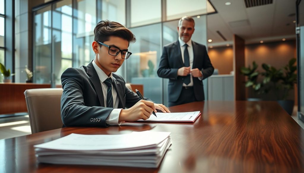 A professional bank interior scene featuring a young individual in business attire, sitting at an elegant wooden desk, carefully filling out a loan application. The foreground shows a neatly arranged stack of documents and a pen, emphasizing the act of applying for personal credit. In the middle, the individual is focused, surrounded by soft natural lighting streaming through large windows. A bank officer in formal clothing stands nearby, ready to assist, conveying a sense of guidance. The background includes modern bank decor, such as glass partitions and potted plants, creating a welcoming yet professional atmosphere. The overall mood should feel serious yet optimistic, reflecting the importance of financial decisions.