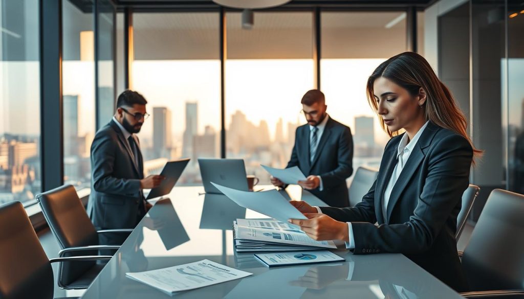 A professional bank office environment featuring a diverse group of business professionals engaged in deep discussion about corporate loan assessments. In the foreground, a confident female banker in a smart business suit is analyzing financial documents at a sleek conference table. The middle layer shows two other professionals, a male and a female, examining laptops and charts, while the background showcases a large window revealing a city skyline, illuminated by soft, warm sunlight. The atmosphere is focused and collaborative, emphasizing the seriousness of financial evaluations. Use a wide-angle lens to capture the workspace dynamics, with balanced lighting to create a vibrant yet professional ambiance. A professional bank office environment featuring a diverse group of business professionals engaged in deep discussion about corporate loan assessments. In the foreground, a confident female banker in a smart business suit is analyzing financial documents at a sleek conference table. The middle layer shows two other professionals, a male and a female, examining laptops and charts, while the background showcases a large window revealing a city skyline, illuminated by soft, warm sunlight. The atmosphere is focused and collaborative, emphasizing the seriousness of financial evaluations. Use a wide-angle lens to capture the workspace dynamics, with balanced lighting to create a vibrant yet professional ambiance.