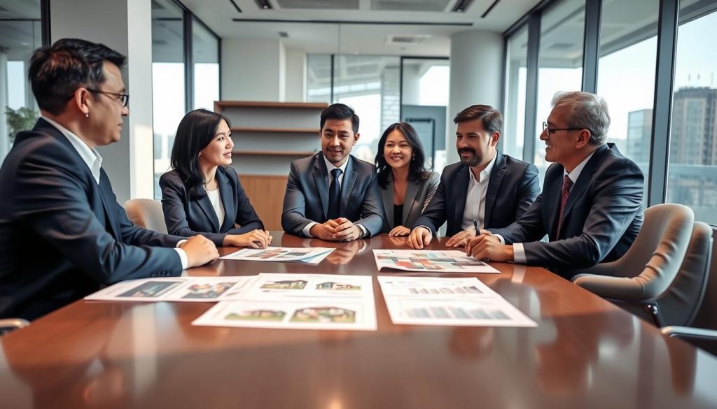 A professional bank office environment showcasing a discussion about property loans without buildings, focusing on the concept of "加分" (positive factors). In the foreground, a diverse group of four professionals in business attire, two men and two women, are engaged in an animated conversation around a sleek conference table. In the middle, documents with property images and charts highlight the implications of having properties versus vacant land. The background features a modern office with large windows letting in soft, natural light, casting gentle shadows. The atmosphere should be serious yet collaborative, emphasizing the strategic importance of properties in securing loans, with a focus on teamwork and professionalism. The camera angle is slightly elevated, giving a clear overview of the discussion while maintaining focus on the group.