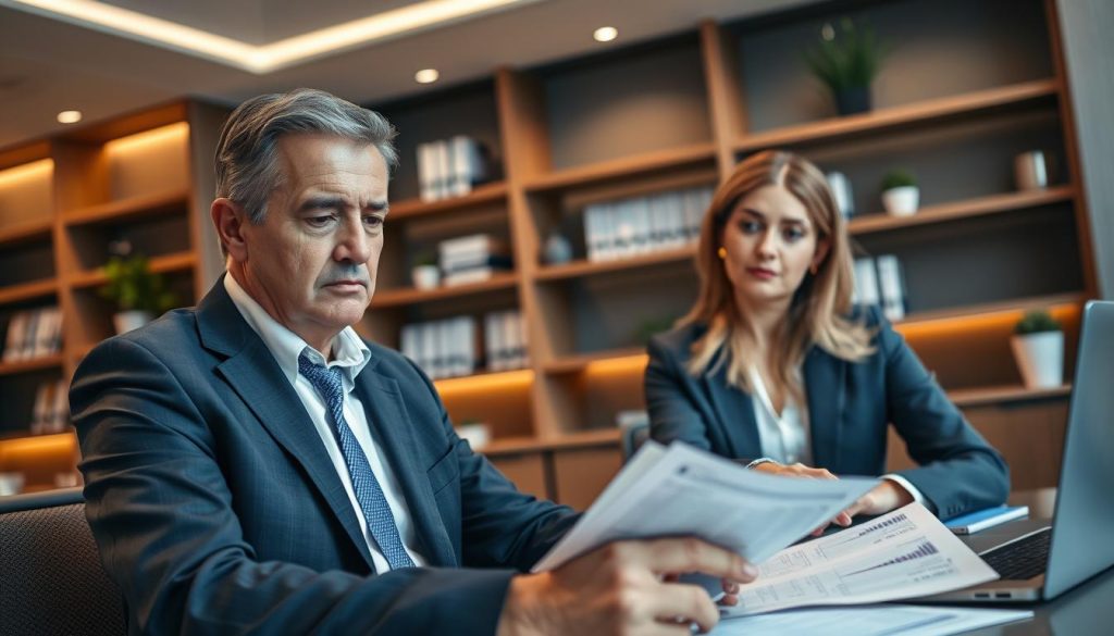 A professional bank office scene depicting a loan officer reviewing documents with a client. In the foreground, a middle-aged man in a sharp suit, looking thoughtfully at a financial report on the desk, with a serious expression that conveys concern. The loan officer, a woman in business attire, is seated across from him, engaged in discussion, pointing at the numbers on a laptop screen. The bank's interior features modern design elements, with soft lighting creating a warm atmosphere. In the background, shelves filled with financial books and decorative plants enhance the professional setting. The angle is slightly tilted down, focusing on the interactions, emphasizing the logical and serious nature of the bank's credit assessment process.