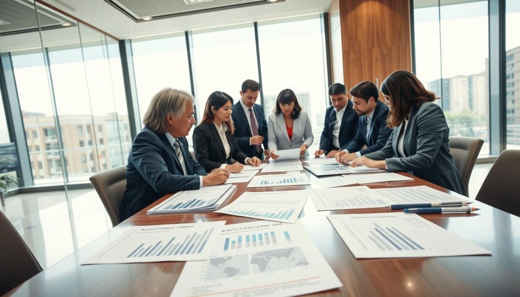 A professional bank office setting featuring a well-organized table with documents outlining credit conditions for corporate loans. In the foreground, a diverse group of business professionals in formal attire are discussing the documents, clearly depicting a collaborative evaluation process. The middle ground shows charts and graphs illustrating credit assessment criteria. In the background, there are large windows allowing natural light to flood the room, creating an open and dynamic atmosphere. The lighting is bright yet soft, enhancing the professionalism and clarity of the scene. The overall mood should convey diligence and focus, reflecting the critical evaluation of "授信條件與審核重點" in a corporate lending context.