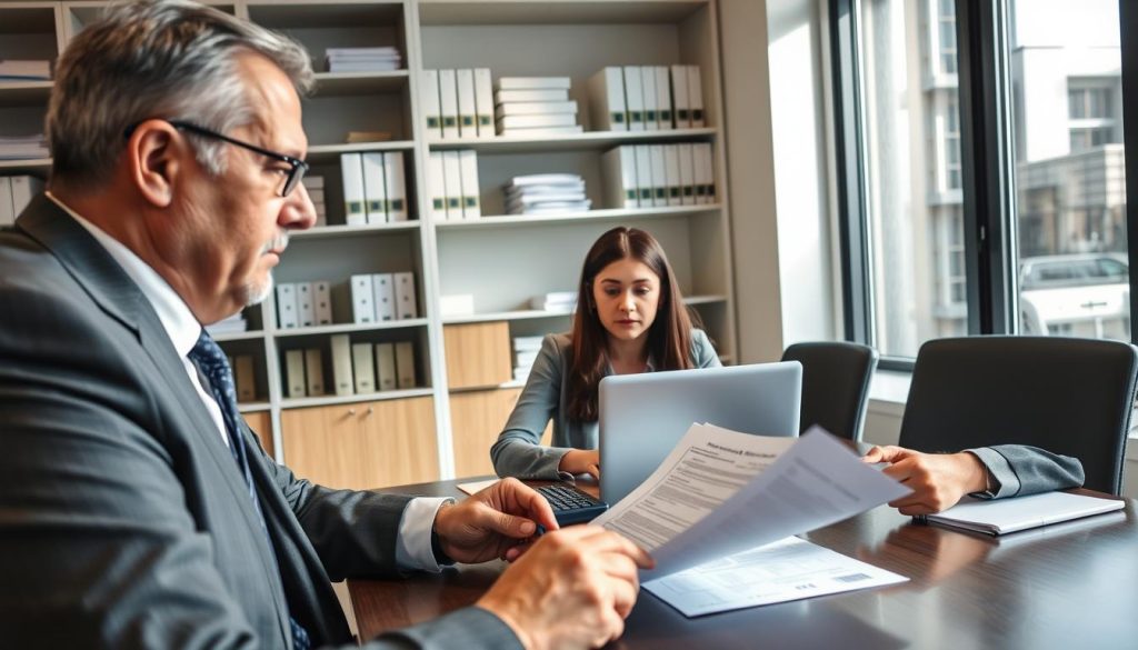 A professional bank office setting showcasing a diverse group of loan officers and applicants engaged in a serious discussion about auto loan approvals. In the foreground, a middle-aged man in a suit looks concerned as he reviews financial documents on the table. In the middle, a young woman, dressed in business casual attire, is seated across from him, attentively listening while a calculator and a laptop are placed between them. The background features shelves filled with neatly organized financial books and a large window, allowing natural light to illuminate the space, casting soft shadows. The atmosphere is focused and serious, reflecting the weight of financial decisions. The image should capture the tension and professionalism of a bank loan approval process.