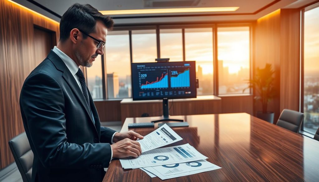 A professional bank valuator reviewing property details in an upscale office environment. In the foreground, a focused man in a sharp suit examines land appraisal documents on a sleek wooden desk, his expression thoughtful and analytical. In the middle, a modern computer screen displays graphs and valuation metrics, while a large window in the background reveals a stunning city skyline bathed in warm, natural light. The ambiance is serious and focused, with rich wood tones and a contemporary aesthetic. Soft overhead lighting creates a professional atmosphere, enhancing the urgency and importance of the valuation process. The image captures a blend of precision and professionalism, embodying the essence of bank valuations and their impact on loan approvals.