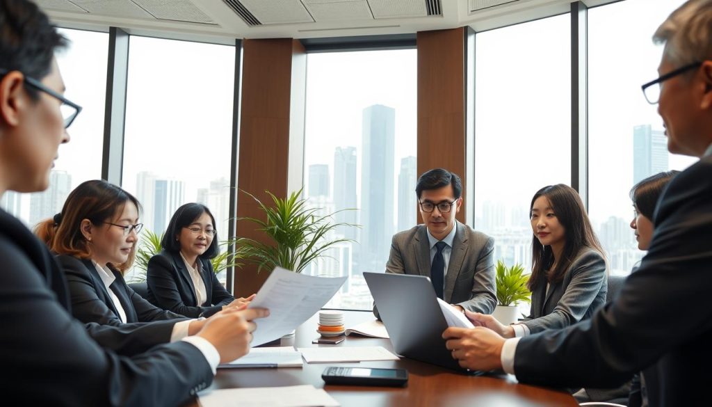 A professional banking office setting, featuring a diverse group of individuals in business attire engaged in a discussion about personal credit loans. In the foreground, a male and female banker, both in formal wear, reviewing documents with a laptop and calculator on the table. In the middle ground, a large window reveals a bustling cityscape of Taipei, filled with modern skyscrapers under bright daylight. A few potted plants add a touch of greenery to the office decor. The mood is focused and professional, reflecting the importance of financial decisions. Bright ambient lighting enhances the clarity and atmosphere, showcasing a serious yet approachable environment for discussing loan qualifications and requirements. The shot is taken at eye level to create an inviting and relatable perspective. A professional banking office setting, featuring a diverse group of individuals in business attire engaged in a discussion about personal credit loans. In the foreground, a male and female banker, both in formal wear, reviewing documents with a laptop and calculator on the table. In the middle ground, a large window reveals a bustling cityscape of Taipei, filled with modern skyscrapers under bright daylight. A few potted plants add a touch of greenery to the office decor. The mood is focused and professional, reflecting the importance of financial decisions. Bright ambient lighting enhances the clarity and atmosphere, showcasing a serious yet approachable environment for discussing loan qualifications and requirements. The shot is taken at eye level to create an inviting and relatable perspective.