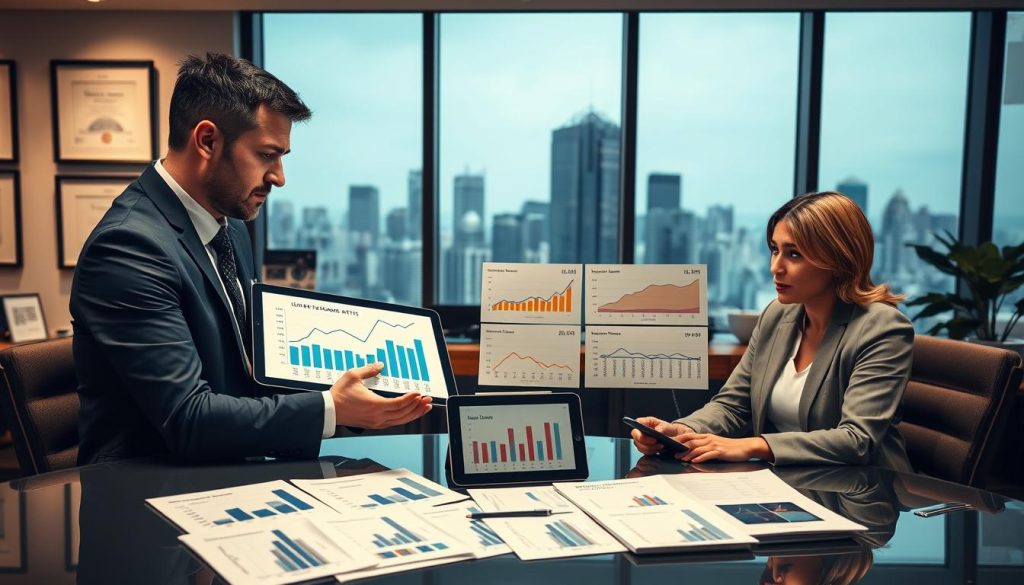A professional business environment depicting a concerned financial advisor discussing high debt-to-income ratios with a couple. In the foreground, the couple is seated at a sleek, modern desk, looking thoughtfully at financial documents spread out before them. The advisor, dressed in a tailored suit, gestures toward a chart displaying rising financial trends on a digital tablet. In the middle, various charts and graphs illustrating debt and loan scenarios are presented. The background features a well-organized office with framed financial certificates and a large window showing a cityscape, symbolizing opportunity. The scene is well-lit with soft, warm lighting to create a focused yet optimistic atmosphere, emphasizing potential solutions despite challenges. A professional business environment depicting a concerned financial advisor discussing high debt-to-income ratios with a couple. In the foreground, the couple is seated at a sleek, modern desk, looking thoughtfully at financial documents spread out before them. The advisor, dressed in a tailored suit, gestures toward a chart displaying rising financial trends on a digital tablet. In the middle, various charts and graphs illustrating debt and loan scenarios are presented. The background features a well-organized office with framed financial certificates and a large window showing a cityscape, symbolizing opportunity. The scene is well-lit with soft, warm lighting to create a focused yet optimistic atmosphere, emphasizing potential solutions despite challenges.