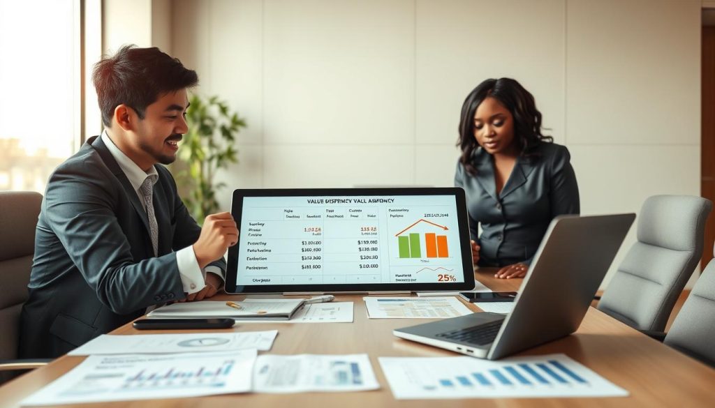 A professional business environment showcasing a meeting room, emphasizing the theme of "value discrepancy" in real estate appraisals. In the foreground, a diverse group of two well-dressed professionals, one Asian male in a suit and an African American female in a formal dress, are engaged in an animated discussion over a digital tablet displaying contrasting property valuations. In the middle, a large table is filled with documents, charts, and a laptop, illustrating financial data. In the background, a large window allows soft, natural light to illuminate the room, creating a sophisticated atmosphere. The overall mood is focused and serious, conveying the importance of making informed decisions in land loans and appraisal differences, with an emphasis on professionalism and collaboration. A professional business environment showcasing a meeting room, emphasizing the theme of "value discrepancy" in real estate appraisals. In the foreground, a diverse group of two well-dressed professionals, one Asian male in a suit and an African American female in a formal dress, are engaged in an animated discussion over a digital tablet displaying contrasting property valuations. In the middle, a large table is filled with documents, charts, and a laptop, illustrating financial data. In the background, a large window allows soft, natural light to illuminate the room, creating a sophisticated atmosphere. The overall mood is focused and serious, conveying the importance of making informed decisions in land loans and appraisal differences, with an emphasis on professionalism and collaboration.