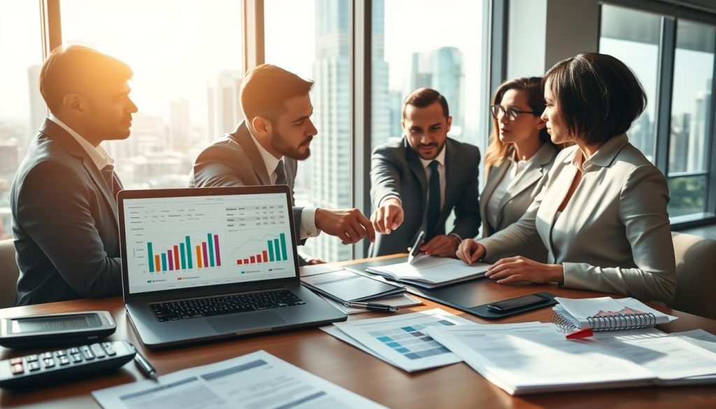 A professional business environment showcasing the concept of loan transaction fees. In the foreground, a neatly organized desk with calculators, financial documents, and a laptop displaying graphs and tables related to company balance sheets. The middle layer includes a diverse group of professionals in business attire—two men and two women, deeply engaged in discussion about financial strategies, pointing at the laptop screen. In the background, a large window revealing a bustling city skyline under natural sunlight, casting soft shadows across the office. The mood is focused and analytical, with a sense of urgency as they contemplate the impact of transaction costs on financial statements. The lighting is warm and inviting, creating a motivated atmosphere for fiscal analysis.