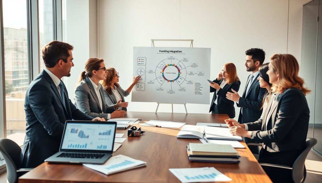 A professional business meeting scene depicting a diverse group of individuals in smart attire, discussing financial strategies around a table. The foreground features charts, financial documents, and a laptop displaying graphs regarding funding integration. In the middle, two people actively present ideas, gesturing towards a complex diagram on a flip chart illustrating various funding sources. The background shows a modern office with large windows allowing natural light to fill the space, creating an energetic and focused atmosphere. Soft shadows enhance the sense of depth, with warm lighting to evoke a feeling of collaboration and trust. The overall mood should convey professionalism and teamwork in financial planning, emphasizing the concept of integrating funds across multiple sources and institutions. A professional business meeting scene depicting a diverse group of individuals in smart attire, discussing financial strategies around a table. The foreground features charts, financial documents, and a laptop displaying graphs regarding funding integration. In the middle, two people actively present ideas, gesturing towards a complex diagram on a flip chart illustrating various funding sources. The background shows a modern office with large windows allowing natural light to fill the space, creating an energetic and focused atmosphere. Soft shadows enhance the sense of depth, with warm lighting to evoke a feeling of collaboration and trust. The overall mood should convey professionalism and teamwork in financial planning, emphasizing the concept of integrating funds across multiple sources and institutions.