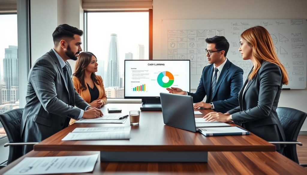 A professional business meeting scene focused on cash flow planning. In the foreground, a sleek wooden conference table displays financial documents, graphs, and a laptop. A diverse group of three business professionals, dressed in smart business attire, are deeply engaged in discussion. The central figure gestures towards a pie chart on the screen, conveying insights about cash flow management. In the middle ground, a large window reveals a bustling cityscape with modern skyscrapers, symbolizing growth and opportunity. The background features a whiteboard filled with strategic planning notes and diagrams. Natural light streams in, creating a warm and inviting atmosphere. The composition captures a sense of urgency and collaboration, highlighting the importance of proactive cash flow management before obtaining loans.