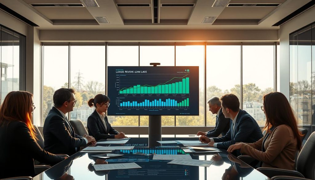 A professional business meeting scene illustrating the concept of "撥款前覆核". In the foreground, a diverse group of business people in professional attire is engaged in a discussion, examining documents on a sleek conference table. The middle section shows a large digital screen displaying a financial analysis and graphs related to loan reviews. In the background, a modern office environment with large windows reveals a sunny day outside, providing natural light that creates a warm atmosphere. The lighting is bright yet soft, emphasizing a collaborative and focused mood. Use a wide-angle lens to capture the entirety of the scene, showcasing both the interactive discussion and the sleek office design, reflecting the importance of timely loan evaluations amid changing job circumstances. A professional business meeting scene illustrating the concept of "撥款前覆核". In the foreground, a diverse group of business people in professional attire is engaged in a discussion, examining documents on a sleek conference table. The middle section shows a large digital screen displaying a financial analysis and graphs related to loan reviews. In the background, a modern office environment with large windows reveals a sunny day outside, providing natural light that creates a warm atmosphere. The lighting is bright yet soft, emphasizing a collaborative and focused mood. Use a wide-angle lens to capture the entirety of the scene, showcasing both the interactive discussion and the sleek office design, reflecting the importance of timely loan evaluations amid changing job circumstances.