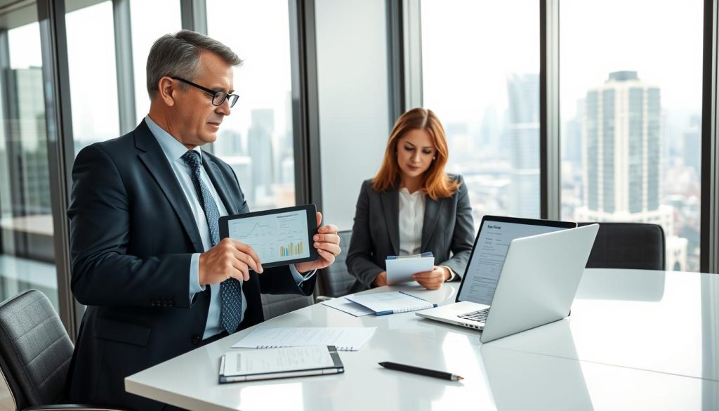 A professional business meeting scene set in a modern office environment, showcasing two individuals discussing loan application processes. In the foreground, a middle-aged man in a tailored suit points to a digital tablet displaying financial graphs and loan documents. Beside him, a woman in a smart blazer takes notes, both exuding a sense of focus and determination. The middle section reveals a sleek conference table surrounded by documents and a laptop. In the background, large windows offer a panoramic view of an urban skyline, suggesting a bustling financial district. Soft, natural lighting filters through the glass, creating a bright and productive atmosphere. The mood is serious yet optimistic, reflecting the professional nature of cross-county business interactions related to loans. A professional business meeting scene set in a modern office environment, showcasing two individuals discussing loan application processes. In the foreground, a middle-aged man in a tailored suit points to a digital tablet displaying financial graphs and loan documents. Beside him, a woman in a smart blazer takes notes, both exuding a sense of focus and determination. The middle section reveals a sleek conference table surrounded by documents and a laptop. In the background, large windows offer a panoramic view of an urban skyline, suggesting a bustling financial district. Soft, natural lighting filters through the glass, creating a bright and productive atmosphere. The mood is serious yet optimistic, reflecting the professional nature of cross-county business interactions related to loans.