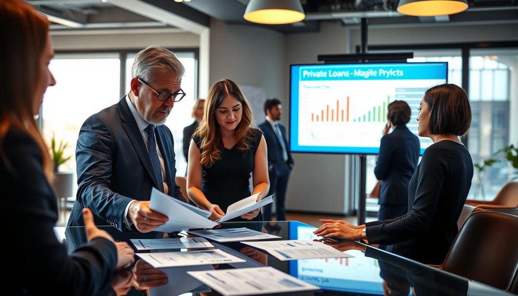 A professional business meeting setting, showcasing a diverse group of individuals discussing financial options. In the foreground, there are two people, a middle-aged man in a tailored navy suit and a young woman in a smart business dress, examining financial documents together at a sleek glass table. In the middle ground, a presentation screen displays graphs about private loans and market trends. The background features a modern office space with large windows allowing natural light to pour in, creating an inviting atmosphere. The mood is focused and collaborative, with warm lighting emphasizing the importance of the discussion. The scene captures the essence of private loan solutions in a professional environment. A professional business meeting setting, showcasing a diverse group of individuals discussing financial options. In the foreground, there are two people, a middle-aged man in a tailored navy suit and a young woman in a smart business dress, examining financial documents together at a sleek glass table. In the middle ground, a presentation screen displays graphs about private loans and market trends. The background features a modern office space with large windows allowing natural light to pour in, creating an inviting atmosphere. The mood is focused and collaborative, with warm lighting emphasizing the importance of the discussion. The scene captures the essence of private loan solutions in a professional environment.
