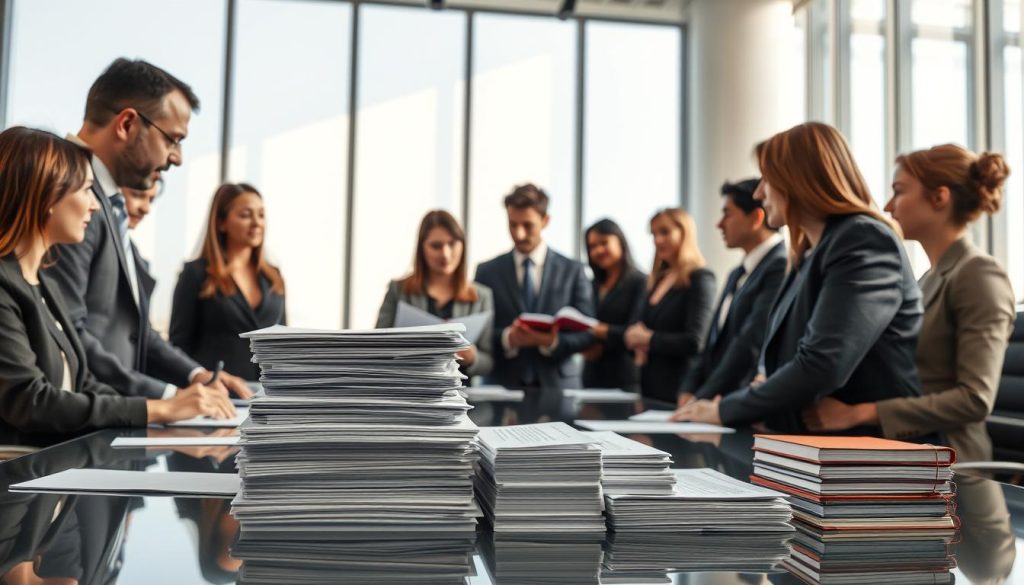 A professional business negotiation scene depicting "collateral" in a banking context. In the foreground, a diverse group of business people dressed in smart business attire are engaged in a serious discussion, examining legal documents on a polished conference table. The middle ground features a large, well-organized stack of various assets symbolizing collateral, such as property deeds, car titles, and investment portfolios, all neatly arranged. In the background, a modern office setting with large windows allowing natural light to flood in, casting soft shadows across the room, creating a serious yet focused atmosphere. The angle of the image captures the intensity of the negotiation while showcasing the importance of collateral in financial agreements. The lighting is bright and inviting, emphasizing professionalism and clarity. A professional business negotiation scene depicting "collateral" in a banking context. In the foreground, a diverse group of business people dressed in smart business attire are engaged in a serious discussion, examining legal documents on a polished conference table. The middle ground features a large, well-organized stack of various assets symbolizing collateral, such as property deeds, car titles, and investment portfolios, all neatly arranged. In the background, a modern office setting with large windows allowing natural light to flood in, casting soft shadows across the room, creating a serious yet focused atmosphere. The angle of the image captures the intensity of the negotiation while showcasing the importance of collateral in financial agreements. The lighting is bright and inviting, emphasizing professionalism and clarity.