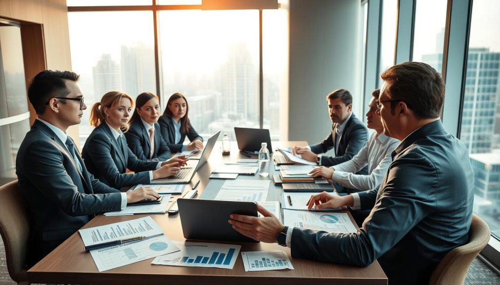 A professional business negotiation scene set in a modern conference room. In the foreground, a diverse group of business professionals, dressed in formal attire, are engaged in a dynamic discussion, with expressions of focus and determination. In the middle ground, a large table is strewn with financial documents, laptops, and charts showcasing credit limits and cross-selling opportunities. The background features a large window with a cityscape view, allowing for natural light to pour in, creating a bright and optimistic atmosphere. Soft, warm lighting enhances the seriousness of the negotiation, while a wide-angle perspective captures the depth of the room and the collaborative energy among the participants. The mood is serious yet hopeful, reflecting a productive and professional environment. A professional business negotiation scene set in a modern conference room. In the foreground, a diverse group of business professionals, dressed in formal attire, are engaged in a dynamic discussion, with expressions of focus and determination. In the middle ground, a large table is strewn with financial documents, laptops, and charts showcasing credit limits and cross-selling opportunities. The background features a large window with a cityscape view, allowing for natural light to pour in, creating a bright and optimistic atmosphere. Soft, warm lighting enhances the seriousness of the negotiation, while a wide-angle perspective captures the depth of the room and the collaborative energy among the participants. The mood is serious yet hopeful, reflecting a productive and professional environment.