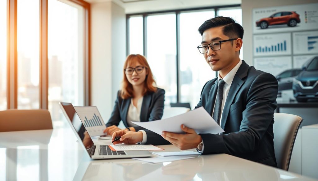 A professional business negotiation scene set in a modern office environment. In the foreground, a focused young Asian man dressed in a sharp suit is seated at a sleek conference table, holding a pen and reviewing documents. His expression reflects determination as he prepares for negotiations. Beside him, a female financial advisor, also in a business suit, points at a laptop screen displaying graphs related to car loan options, illustrating collaborative strategizing. The middle ground features a large window with natural light pouring in, highlighting a cityscape. The background includes subtle hints of car models and financial charts on the walls, creating a professional atmosphere. The image should have warm lighting, emphasizing a sense of hope and resolution in their negotiation process. A professional business negotiation scene set in a modern office environment. In the foreground, a focused young Asian man dressed in a sharp suit is seated at a sleek conference table, holding a pen and reviewing documents. His expression reflects determination as he prepares for negotiations. Beside him, a female financial advisor, also in a business suit, points at a laptop screen displaying graphs related to car loan options, illustrating collaborative strategizing. The middle ground features a large window with natural light pouring in, highlighting a cityscape. The background includes subtle hints of car models and financial charts on the walls, creating a professional atmosphere. The image should have warm lighting, emphasizing a sense of hope and resolution in their negotiation process.