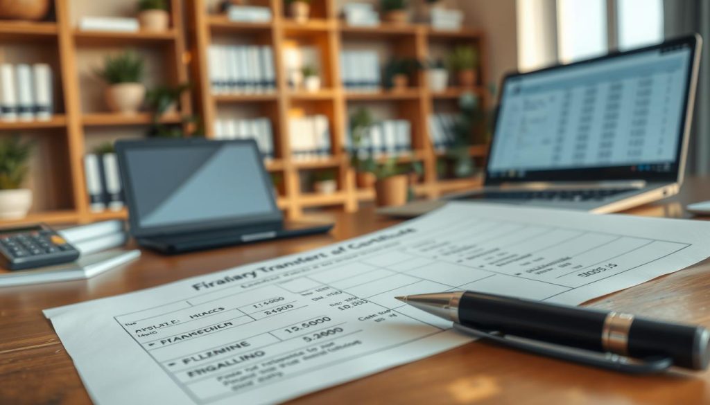 A professional business scene depicting a "薪轉證明" or salary transfer certificate. In the foreground, a close-up of a neatly arranged document with clear fields showing financial details, accompanied by a pen. The middle layer features an office setting with a wooden desk, a laptop displaying financial figures, and a calculator. In the background, soft-focus shelves filled with financial books and plants to create a calm atmosphere. The lighting is warm and inviting, casting gentle shadows, simulating a late afternoon glow. The overall mood conveys trust and professionalism, emphasizing the importance of financial documentation in banking. No human subjects are present.