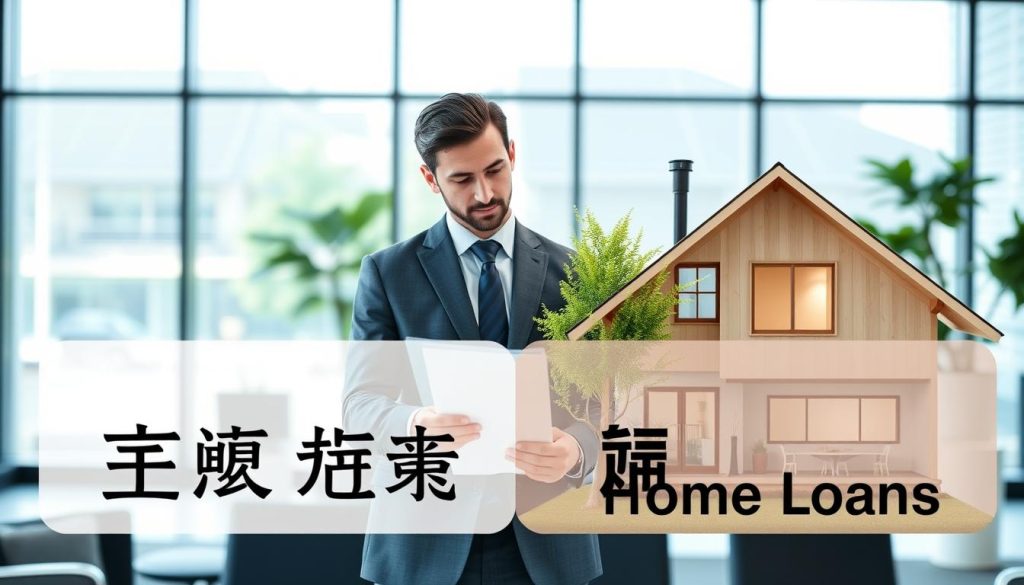 A professional business setting comparing "土地貸款" (land loans) and "房貸" (home loans). In the foreground, a split image featuring two distinct loan comparison visuals: on the left, a serene plot of land with greenery, and on the right, a cozy home with a welcoming facade. The middle ground features a business professional, dressed in smart attire, evaluating documents with a thoughtful expression, symbolizing decision-making. The background shows a modern, sleek office with large windows allowing natural light to illuminate the scene. Use a slightly blurred depth of field to emphasize the foreground elements while keeping the office ambiance intact. The overall mood should be analytical yet calming, illustrating the contrast and differences between these two loan types effectively.
