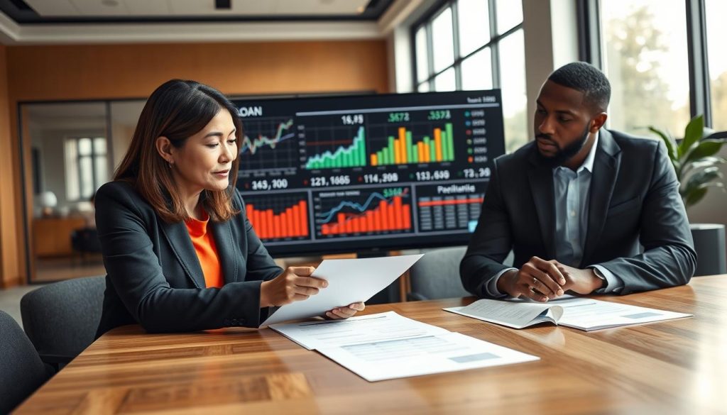 A professional business setting featuring a diverse group of individuals engaged in a discussion about corporate loan approval. In the foreground, two business professionals—a middle-aged Asian woman and a young Black man—are reviewing financial documents on a sleek wooden conference table. The middle layer shows a large digital screen displaying graphs and numerical data related to loan amounts and financial indicators. The background features a modern office space with large windows letting in natural light, creating a warm and focused atmosphere. The professionals are dressed in business attire, with expressions of concentration and collaboration. The angle is slightly elevated to capture both the documents and the discussion vividly, emphasizing the importance of loan evaluation and communication in the business environment. A professional business setting featuring a diverse group of individuals engaged in a discussion about corporate loan approval. In the foreground, two business professionals—a middle-aged Asian woman and a young Black man—are reviewing financial documents on a sleek wooden conference table. The middle layer shows a large digital screen displaying graphs and numerical data related to loan amounts and financial indicators. The background features a modern office space with large windows letting in natural light, creating a warm and focused atmosphere. The professionals are dressed in business attire, with expressions of concentration and collaboration. The angle is slightly elevated to capture both the documents and the discussion vividly, emphasizing the importance of loan evaluation and communication in the business environment.