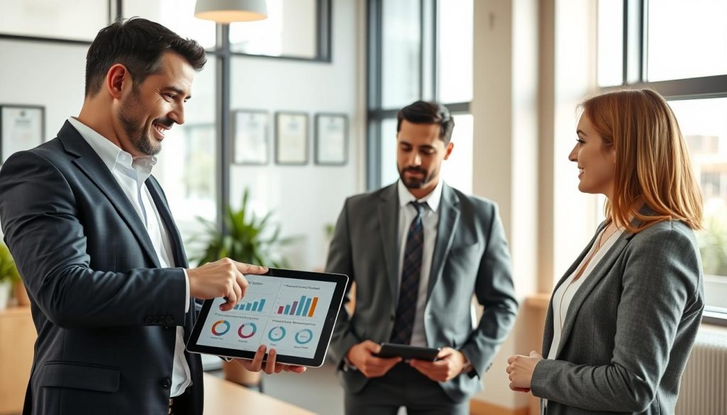 A professional business setting featuring a financial advisor explaining credit limits to a client. In the foreground, a well-dressed advisor with a friendly demeanor, pointing to a digital tablet displaying graphs and charts related to credit scores and loan amounts. In the middle, a focused client, dressed in smart casual attire, appears engaged, reviewing the information. The background showcases a modern office environment with large windows, allowing natural light to flood the room, creating a warm and inviting atmosphere. Professional decor includes certificates on the wall and a potted plant. The overall mood is informative yet approachable, emphasizing financial literacy and understanding how different banks calculate credit limits.