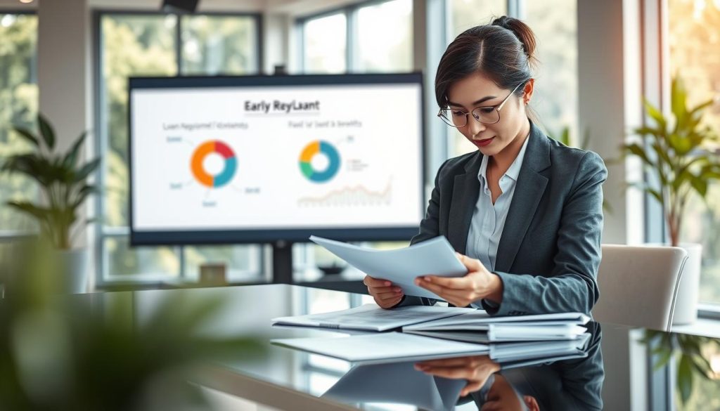 A professional business setting illustrating the concept of "提前清償" (early repayment) in the financial context of loans. In the foreground, a well-dressed businesswoman intently examines documents and graphs on a sleek modern desk, showcasing her determination and focus on financial goals. The middle ground features a soft-focus presentation screen displaying a pie chart and line graph representing loan structures and early repayment benefits. In the background, a bright office environment with large windows letting in natural light, greenery visible outside, creating a fresh and optimistic atmosphere. The image should have a warm and inviting mood, using soft lighting to enhance the professional ambiance. A shallow depth of field should be applied to emphasize the subject. No text or branding to be included.