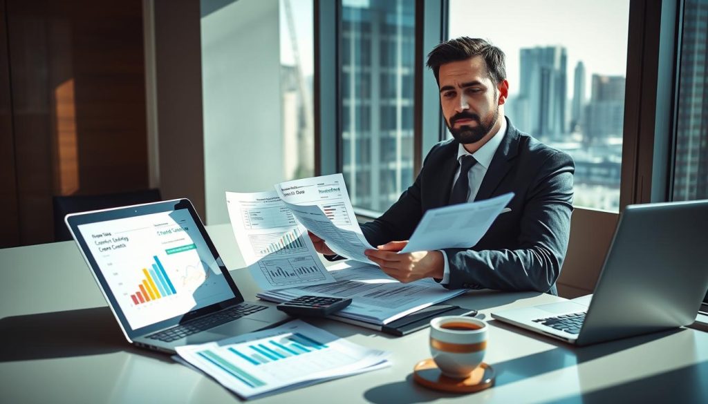 A professional business setting showcasing a modern office environment focused on personal finance. In the foreground, a confident businessperson in professional attire sits at a sleek desk, analyzing multiple financial documents with expressions of concentration and determination. The middle layer includes a laptop displaying graphs and charts related to loan rates and credit limits, alongside a calculator and a cup of coffee. In the background, a large window offers a city skyline view under bright natural lighting, enhancing the atmosphere of opportunity and growth. The overall mood is serious yet optimistic, conveying the importance of understanding credit options. Soft shadows complement the workspace, giving depth to the image while maintaining a clean, organized appearance.