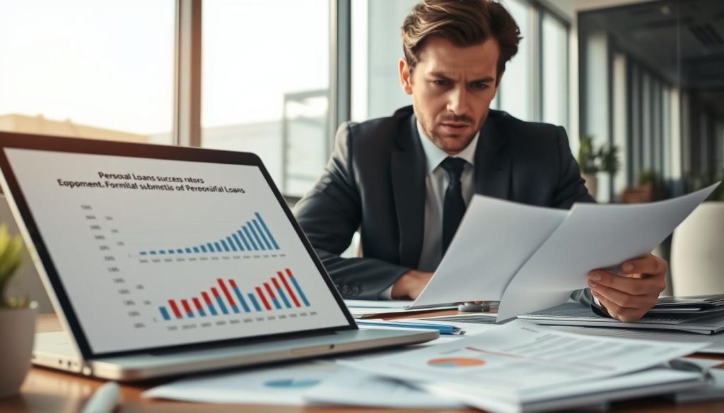 A professional business setting showcasing a thoughtful individual analyzing documents related to personal loans. In the foreground, a person dressed in smart business attire is seated at a desk cluttered with paperwork and financial reports, focusing intently on a chart that illustrates success rates for document submissions. In the middle ground, a laptop displays graphs and numerical data, reflecting an analytical atmosphere. The background features a modern office with large windows letting in soft, natural light, casting gentle shadows. The overall mood is contemplative and focused, with a hint of optimism about the process of providing supplemental information for loan approval. The composition is framed from a slight overhead angle to capture the intricacies of the documents and the individual’s expression.