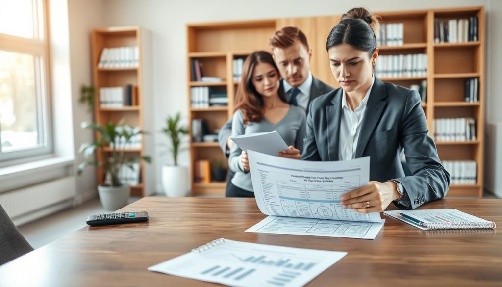 A professional business setting with a financial advisor discussing a mortgage application with a couple. In the foreground, the advisor, dressed in a tailored suit, points to a well-organized document laid on a sleek wooden table, illustrating potential reasons for credit score penalties. The couple, dressed in smart casual attire, looks concerned as they review a calculator and financial charts. In the middle ground, bookshelves filled with finance literature and a potted plant provide depth. The background features a large window with natural light pouring in, creating a warm yet serious atmosphere. The overall mood is tense but hopeful, capturing the seriousness of financial decisions affecting mortgage applications.