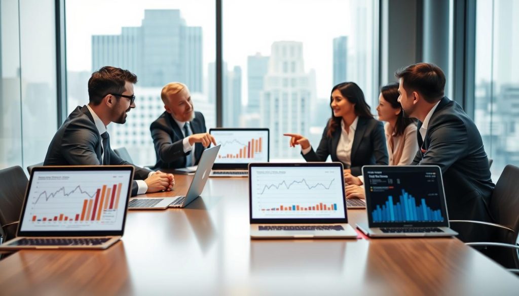 A professional business setting with a sleek modern conference table at the forefront, showcasing several open laptops displaying various bank interest rate charts and financial comparisons. In the middle, a diverse group of two men and two women dressed in formal business attire are engaged in an animated discussion, with one person pointing at a laptop screen. The background features a large window with a cityscape view, reflecting a bright yet focused atmosphere, with soft natural lighting streaming in. The mood conveys a sense of urgency and collaboration, emphasizing the importance of negotiating better loan terms with banks. A subtle depth of field blurs the background slightly to keep the focus on the engaged individuals and their laptops, creating an inviting and professional image. A professional business setting with a sleek modern conference table at the forefront, showcasing several open laptops displaying various bank interest rate charts and financial comparisons. In the middle, a diverse group of two men and two women dressed in formal business attire are engaged in an animated discussion, with one person pointing at a laptop screen. The background features a large window with a cityscape view, reflecting a bright yet focused atmosphere, with soft natural lighting streaming in. The mood conveys a sense of urgency and collaboration, emphasizing the importance of negotiating better loan terms with banks. A subtle depth of field blurs the background slightly to keep the focus on the engaged individuals and their laptops, creating an inviting and professional image.
