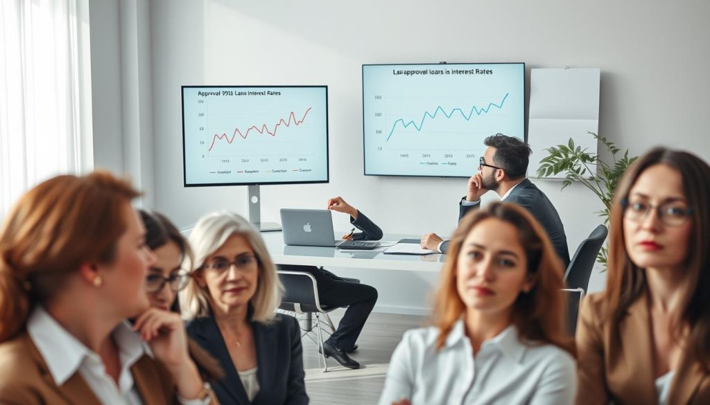 A professional, clean office setting, with a well-dressed financial advisor sitting at a sleek desk full of documents, a laptop, and a calculator, looking thoughtfully at a chart displayed on a monitor showing fluctuating loan approval rates and interest rates. In the foreground, a diverse group of clients, thoughtfully dressed in business attire, show expressions of concern. The background features a large window with soft natural light streaming in, casting a bright yet calm atmosphere. The overall mood is serious and professional, highlighting the complexities of personal loans and the factors leading to rejection or higher rates. The composition should use a shallow depth of field to focus on the interactions between the advisor and the clients. A professional, clean office setting, with a well-dressed financial advisor sitting at a sleek desk full of documents, a laptop, and a calculator, looking thoughtfully at a chart displayed on a monitor showing fluctuating loan approval rates and interest rates. In the foreground, a diverse group of clients, thoughtfully dressed in business attire, show expressions of concern. The background features a large window with soft natural light streaming in, casting a bright yet calm atmosphere. The overall mood is serious and professional, highlighting the complexities of personal loans and the factors leading to rejection or higher rates. The composition should use a shallow depth of field to focus on the interactions between the advisor and the clients.