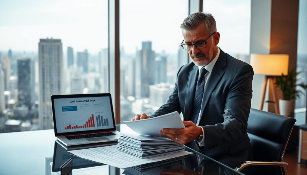 A professional consultant evaluating a real estate brokerage firm in a modern office setting. In the foreground, a middle-aged man in a tailored suit, showcasing a thoughtful expression, analyzes a stack of documents on a sleek glass desk. In the middle, a large window reveals a cityscape filled with skyscrapers under bright daylight, symbolizing growth and opportunity. To the side, a laptop displays charts and graphs related to land loans and brokerage assessments, indicating financial analysis. The atmosphere is focused and industrious, with warm lighting illuminating the space, creating an inviting yet professional mood. The overall composition evokes a sense of trust and expertise in evaluating real estate services, suitable for an article on assessing business trustworthiness. A professional consultant evaluating a real estate brokerage firm in a modern office setting. In the foreground, a middle-aged man in a tailored suit, showcasing a thoughtful expression, analyzes a stack of documents on a sleek glass desk. In the middle, a large window reveals a cityscape filled with skyscrapers under bright daylight, symbolizing growth and opportunity. To the side, a laptop displays charts and graphs related to land loans and brokerage assessments, indicating financial analysis. The atmosphere is focused and industrious, with warm lighting illuminating the space, creating an inviting yet professional mood. The overall composition evokes a sense of trust and expertise in evaluating real estate services, suitable for an article on assessing business trustworthiness.
