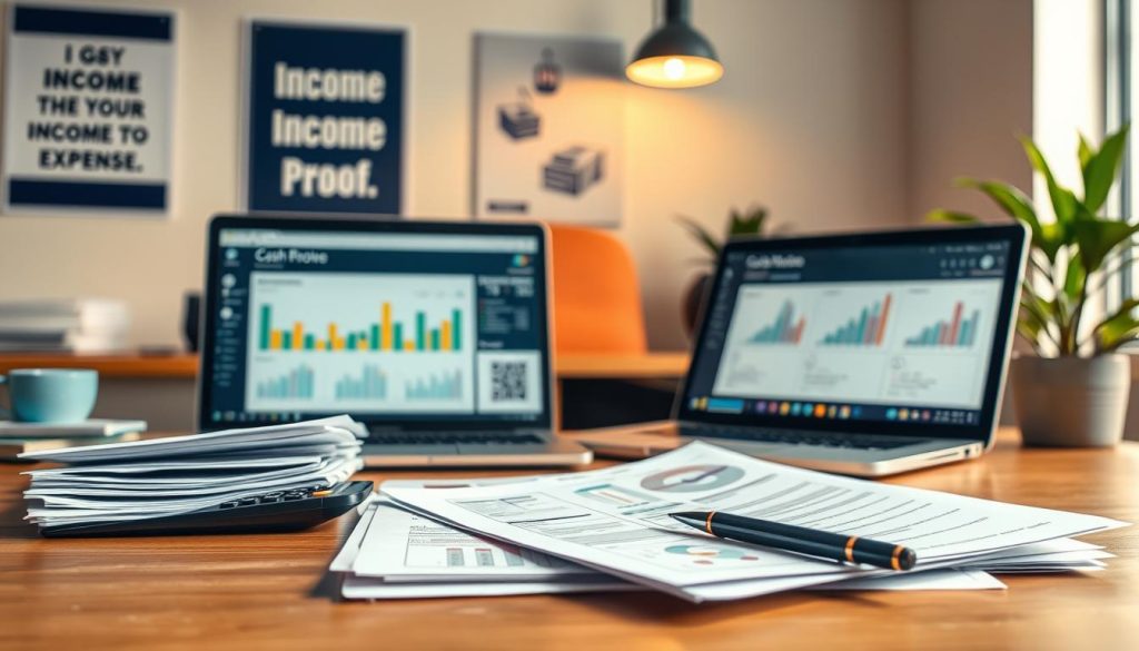 A professional desk scene illustrating cash flow, with a focus on financial documents and alternative income proof. In the foreground, a neatly organized stack of papers displaying spreadsheets and graphs related to personal finance, alongside a calculator and a pen. In the middle ground, a laptop screen shows a detailed digital dashboard of income sources and expenses. The background features a softly blurred office space, with motivational posters about financial stability on the walls and a plant for a touch of liveliness. The lighting is warm and inviting, creating a productive atmosphere, captured from a slightly elevated angle to emphasize the workspace. The overall mood conveys cautious optimism and professionalism. A professional desk scene illustrating cash flow, with a focus on financial documents and alternative income proof. In the foreground, a neatly organized stack of papers displaying spreadsheets and graphs related to personal finance, alongside a calculator and a pen. In the middle ground, a laptop screen shows a detailed digital dashboard of income sources and expenses. The background features a softly blurred office space, with motivational posters about financial stability on the walls and a plant for a touch of liveliness. The lighting is warm and inviting, creating a productive atmosphere, captured from a slightly elevated angle to emphasize the workspace. The overall mood conveys cautious optimism and professionalism.