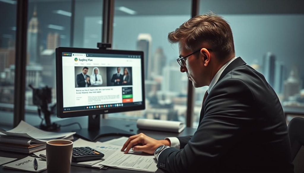 A professional, detailed scene illustrating the concept of identifying fake websites in a financial context. In the foreground, a concerned individual in business attire studies a computer screen displaying a suspicious website, with clear signs of phishing (like a misleading URL). In the middle layer, a modern office setting includes a desk cluttered with financial documents, a calculator, and a cup of coffee, enhancing the atmosphere of careful scrutiny. The background transitions to a blurred cityscape outside a window, conveying a bustling banking environment. The lighting is bright and focused on the screen, casting subtle shadows, suggesting urgency and caution. The overall mood is tense yet focused, emphasizing the importance of vigilance in securing financial transactions against fraud. A professional, detailed scene illustrating the concept of identifying fake websites in a financial context. In the foreground, a concerned individual in business attire studies a computer screen displaying a suspicious website, with clear signs of phishing (like a misleading URL). In the middle layer, a modern office setting includes a desk cluttered with financial documents, a calculator, and a cup of coffee, enhancing the atmosphere of careful scrutiny. The background transitions to a blurred cityscape outside a window, conveying a bustling banking environment. The lighting is bright and focused on the screen, casting subtle shadows, suggesting urgency and caution. The overall mood is tense yet focused, emphasizing the importance of vigilance in securing financial transactions against fraud.