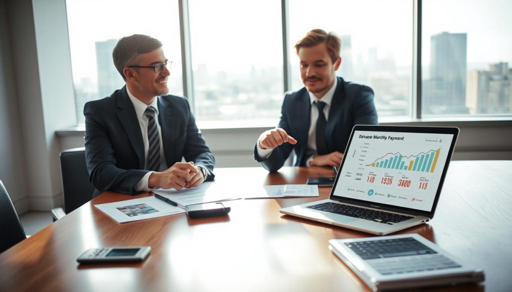 A professional finance advisor in a modern office setting, discussing "提前還款" options with a well-dressed client. The foreground features a polished wooden table with financial documents and a calculator, emphasizing their serious conversation. The middle reveals the advisor pointing at a chart on a laptop that illustrates decreased monthly payments and interest rates. In the background, large windows show a bright day with cityscape views, enhancing the optimistic atmosphere. Soft, natural lighting brightens the room, reflecting a warm and inviting professional environment. Capture the mood of focus and collaboration as they explore viable options to ease financial burdens, highlighting a sense of empowerment and financial relief. A professional finance advisor in a modern office setting, discussing "提前還款" options with a well-dressed client. The foreground features a polished wooden table with financial documents and a calculator, emphasizing their serious conversation. The middle reveals the advisor pointing at a chart on a laptop that illustrates decreased monthly payments and interest rates. In the background, large windows show a bright day with cityscape views, enhancing the optimistic atmosphere. Soft, natural lighting brightens the room, reflecting a warm and inviting professional environment. Capture the mood of focus and collaboration as they explore viable options to ease financial burdens, highlighting a sense of empowerment and financial relief.