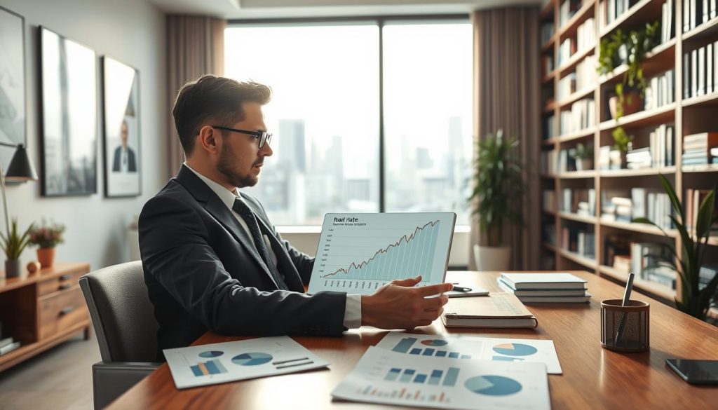 A professional financial advisor analyzing investment returns in a modern, well-lit office. In the foreground, a focused individual in business attire is sitting at a sleek wooden desk, surrounded by financial charts and graphs. They are examining a digital tablet displaying a clear graph of "real rate of return" alongside calculations. In the middle ground, a large window reveals an urban skyline, with the natural light streaming in, enhancing the atmosphere. The background features large bookshelves filled with finance books and plants that bring a touch of freshness. The mood conveys concentration and expertise, with a blend of professionalism and optimism in the air. The image should be crisp, captured with a portrait lens, highlighting the subject while softening the background for depth. A professional financial advisor analyzing investment returns in a modern, well-lit office. In the foreground, a focused individual in business attire is sitting at a sleek wooden desk, surrounded by financial charts and graphs. They are examining a digital tablet displaying a clear graph of "real rate of return" alongside calculations. In the middle ground, a large window reveals an urban skyline, with the natural light streaming in, enhancing the atmosphere. The background features large bookshelves filled with finance books and plants that bring a touch of freshness. The mood conveys concentration and expertise, with a blend of professionalism and optimism in the air. The image should be crisp, captured with a portrait lens, highlighting the subject while softening the background for depth.