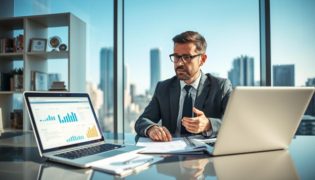 A professional financial advisor in business attire, analyzing personal loan application reports at a sleek modern desk. The foreground features a laptop open with charts and graphs displayed, alongside a notepad with handwritten notes. In the middle ground, soft-lit office shelves filled with financial books and awards create a reassuring atmosphere. The background showcases a glass window revealing a city skyline under a clear blue sky during daytime, adding a sense of optimism. The overall mood is focused and professional, emphasizing the importance of understanding loan approval timelines. Use natural lighting to highlight the advisor's concentrated expression while ensuring no text or logos are present in the image.