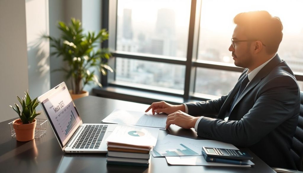 A professional financial advisor is seated at a modern office desk, reviewing documents related to debt consolidation. The foreground features a laptop displaying graphs and charts showing debt analysis. To the left, a small potted plant adds a touch of warmth, while neatly organized files and a calculator are positioned on the right. In the background, a large window reveals a cityscape, with soft daylight streaming in, creating a bright and inviting atmosphere. The overall mood conveys focus and professionalism, ideal for discussing personal finance strategies. The advisor, dressed in a smart business suit, appears engaged and thoughtful, emphasizing the serious nature of assessing personal loans for debt consolidation.
