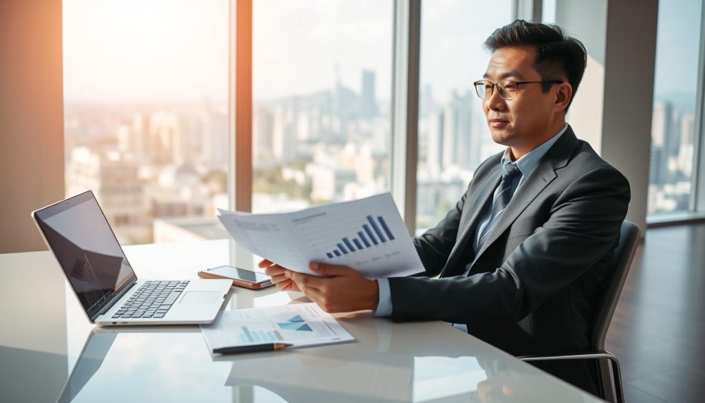 A professional financial advisor is seated at a sleek, modern desk in a bright, airy office environment, reviewing documents related to second mortgage applications in Taiwan. The desk is organized with a laptop open, displaying financial graphs and charts that symbolize evaluation and analysis. In the background, a large window reveals a cityscape, suggesting a bustling urban area. The lighting is warm and inviting, emphasizing a mood of hopefulness and professionalism. The advisor, dressed in smart business attire, looks thoughtfully at the papers, indicating deep concentration. The composition captures the essence of assessing mortgage opportunities amid financial challenges, focusing on determination and clarity. A professional financial advisor is seated at a sleek, modern desk in a bright, airy office environment, reviewing documents related to second mortgage applications in Taiwan. The desk is organized with a laptop open, displaying financial graphs and charts that symbolize evaluation and analysis. In the background, a large window reveals a cityscape, suggesting a bustling urban area. The lighting is warm and inviting, emphasizing a mood of hopefulness and professionalism. The advisor, dressed in smart business attire, looks thoughtfully at the papers, indicating deep concentration. The composition captures the essence of assessing mortgage opportunities amid financial challenges, focusing on determination and clarity.