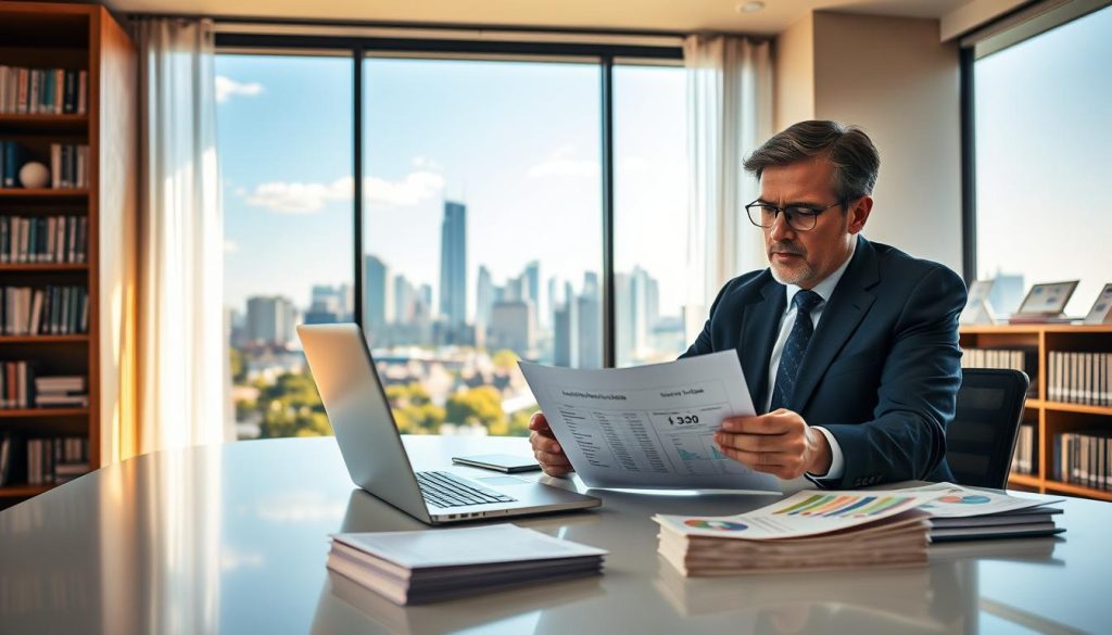 A professional financial advisor sits at a sleek modern desk, analyzing a financial report on a laptop. Beside them, a small stack of colorful paper representing different loan amounts and schedules is neatly arranged. The foreground features the advisor, dressed in a smart business suit, focused and contemplative. In the middle ground, a large window reveals an urban skyline filled with bright skyscrapers under a clear blue sky, symbolizing opportunities and growth. Warm, natural light streams into the workspace, creating an inviting atmosphere. In the background, shelves filled with books and financial charts suggest a wealth of knowledge. The overall mood is one of professionalism and strategic planning, capturing the essence of discussing the benefits and drawbacks of staggered loan use.