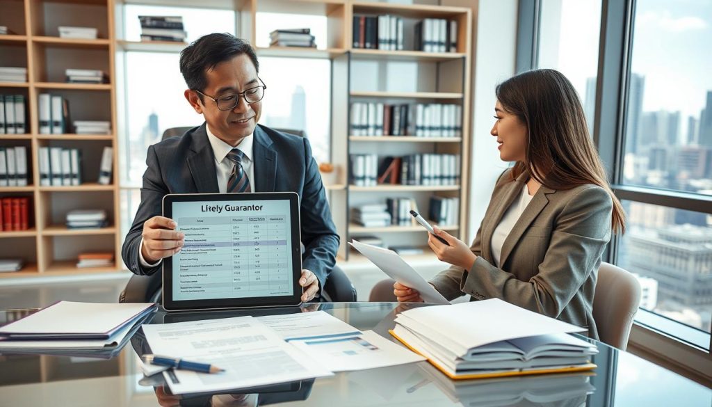 A professional financial advisor sits in a well-lit, modern office, discussing qualifications for a guarantor with a client. The advisor, a middle-aged Asian man in a crisp suit and tie, demonstrates confidence and expertise. He gestures towards a digital tablet displaying a chart of qualifying criteria. In the foreground, an array of financial documents and a pen are neatly arranged. The middle layer shows the client, a young woman in smart casual clothing, attentively listening and taking notes. The background features shelves filled with financial books and a city skyline view through a large window, giving a sense of professionalism and authority. The lighting is bright and inviting, evoking a feeling of clarity and trust.