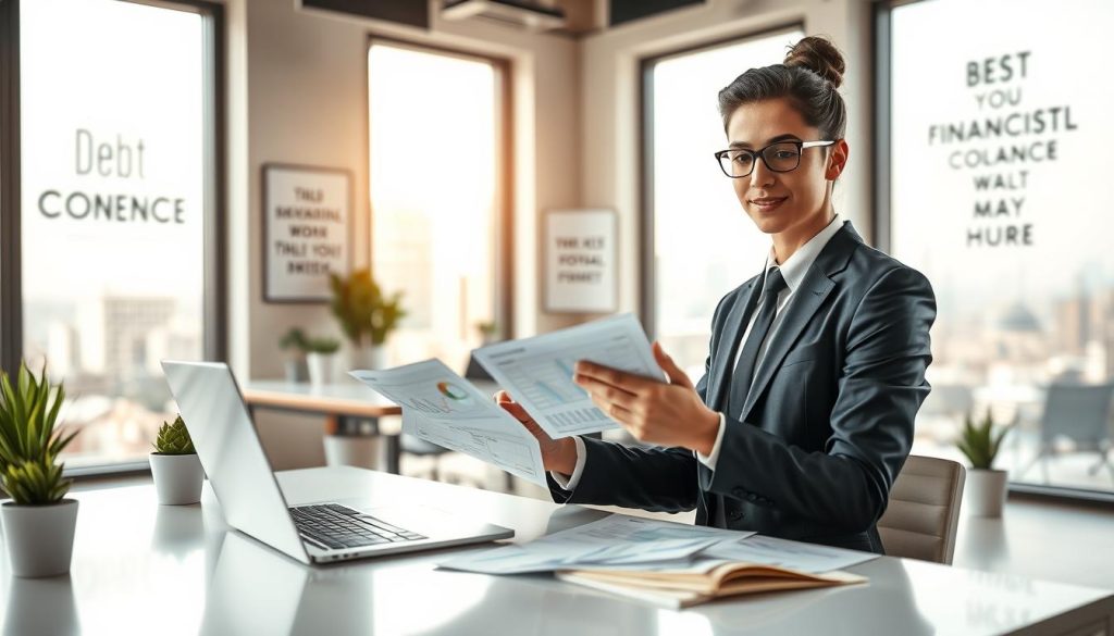 A professional financial advisory scene illustrating the concept of debt consolidation. In the foreground, a confident young professional in business attire is reviewing financial documents and a laptop displaying charts. The middle ground features a modern, well-lit office environment with a sleek desk, potted plants, and inspirational quotes on the walls. The background includes large windows showcasing a cityscape, emphasizing a sense of opportunity and growth. Soft natural light filters through the windows, creating a warm and inviting atmosphere. The focus is sharp on the professional, with a slight blur on the surroundings to highlight the concept of concentration on managing personal finances. The mood is optimistic and constructive, reflecting the essence of financial empowerment and strategic planning.