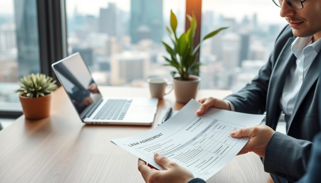 A professional financial consultant analyzing a car loan agreement in a well-lit modern office, seated at a sleek wooden desk. The foreground features a clear view of the consultant's hands holding a financial document with highlighted sections that illustrate different disbursement options (撥款方式). In the middle, an open laptop displays financial software, and a potted plant adds a touch of warmth to the setting. In the background, a large window reveals a city skyline, indicating a busy financial district. Soft natural light filters in, creating a calm and focused atmosphere, suggesting clarity and understanding of the contract terms. The scene reflects professionalism and attention to detail in finance.