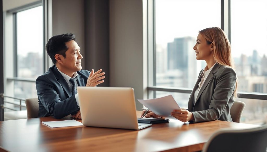 A professional financial consultant in a modern office setting, engaged in a focused discussion with a client, both appearing attentive and engaged. The consultant, a middle-aged Asian male wearing a tailored suit, sits at a sleek wooden desk with a laptop and documents neatly arranged. The client, a young Caucasian woman in business casual attire, looks hopeful and inquisitive, gesturing as she speaks. Soft natural light filters through large windows, creating a warm atmosphere. In the background, a city skyline is visible through the glass, adding a sense of professionalism and urbanity. The image captures the essence of effective communication and collaboration in securing a mortgage, emphasizing trust and guidance in a financial context. A professional financial consultant in a modern office setting, engaged in a focused discussion with a client, both appearing attentive and engaged. The consultant, a middle-aged Asian male wearing a tailored suit, sits at a sleek wooden desk with a laptop and documents neatly arranged. The client, a young Caucasian woman in business casual attire, looks hopeful and inquisitive, gesturing as she speaks. Soft natural light filters through large windows, creating a warm atmosphere. In the background, a city skyline is visible through the glass, adding a sense of professionalism and urbanity. The image captures the essence of effective communication and collaboration in securing a mortgage, emphasizing trust and guidance in a financial context.